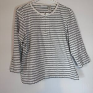 Liz Claiborne Liz & Co Striped 3/4 Sleeve Cotton Top Women’s L Gray/White